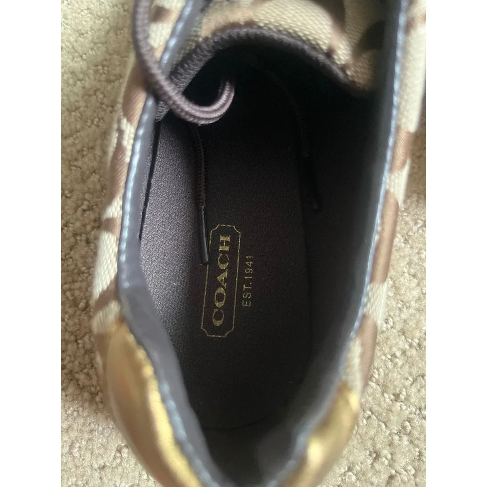 Coach Womens Signature Jacquard Sneakers Brown Gold Metallic Logo Shoes Low Top